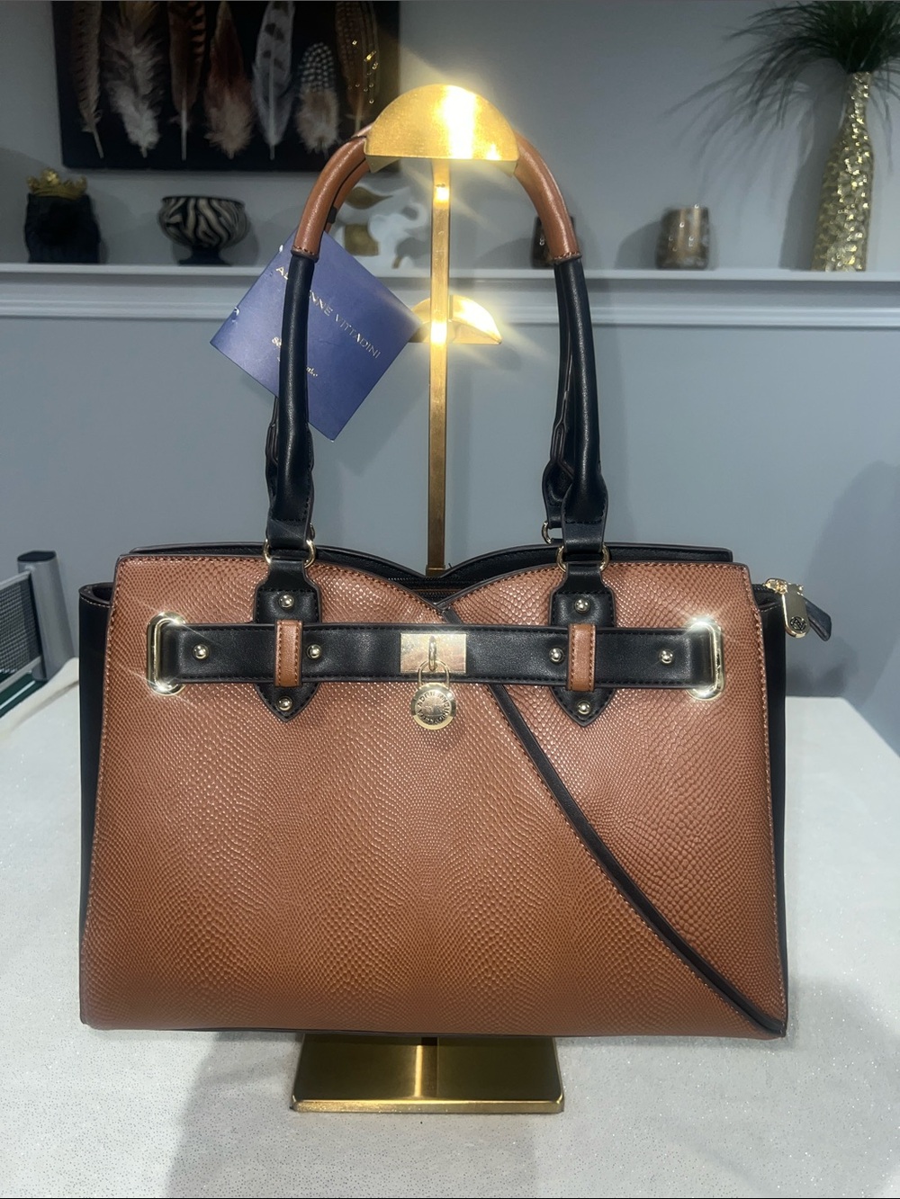 Adrienne Vittadini Signature Front Lock Satchel in Cognac/Black NWT